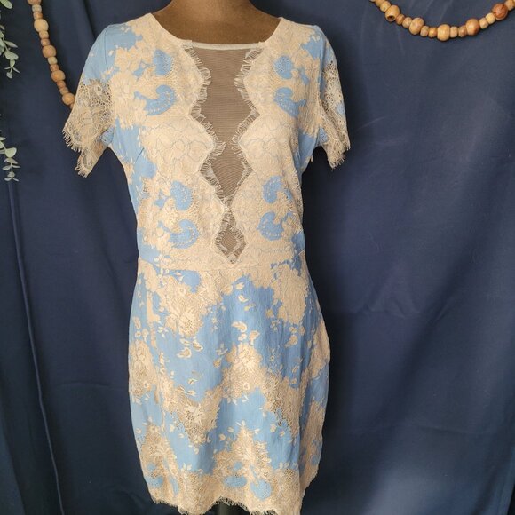 Storia Dresses & Skirts - Storia Cream and Light Blue Lace Dress with Deep Sheer Neckline Size Large